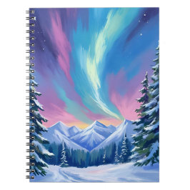 Winter Night Northern Lights Watercolor Mountain Notitieboek