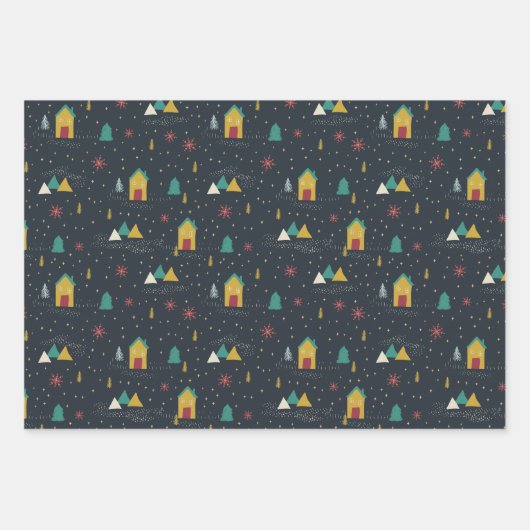 Winter Night Snowflakes landend op kleine huizen Inpakpapier Vel (Voorkant)