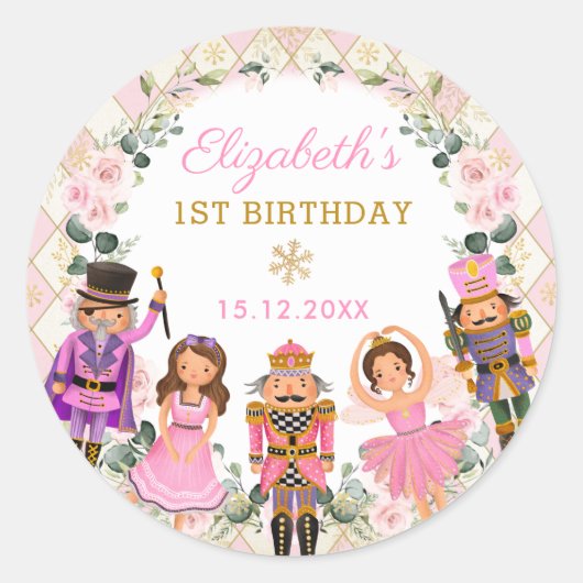 Winter Nutcracker Floral Birthday Party Baby Girl Ronde Sticker (Voorkant)