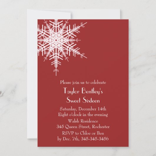 Winter Offset Snowflake 16th Birthday Invite red Kaart (Voorkant)