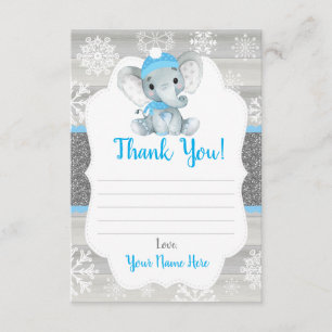 Winter Olifant Blauw Jongen Dank u Kaart, rustiek Informatiekaartje