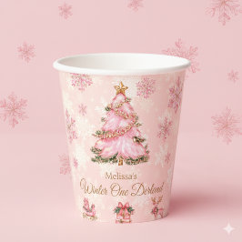 Winter Onderland Girl 1st Birthday Pink Snowflake Papieren Bekers