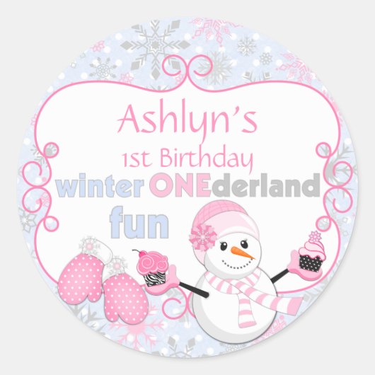 Winter One-derland First Birthday Snowman Mittens Ronde Sticker (Voorkant)