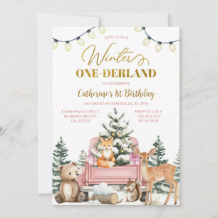 Winter ONE-derland Roze Truck Dieren 1e Verjaardag Kaart