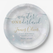Winter Onederland 1e verjaardag Blauw en Goud Papieren Bordje (Voorkant)