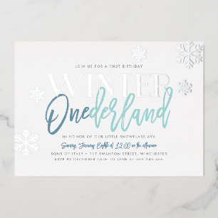 Winter ONEderland 1e verjaardag Blauw Zilver Folie Uitnodiging
