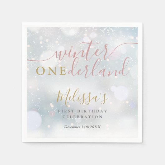 Winter Onederland 1e verjaardag Roze en Goud Servet (Voorkant)