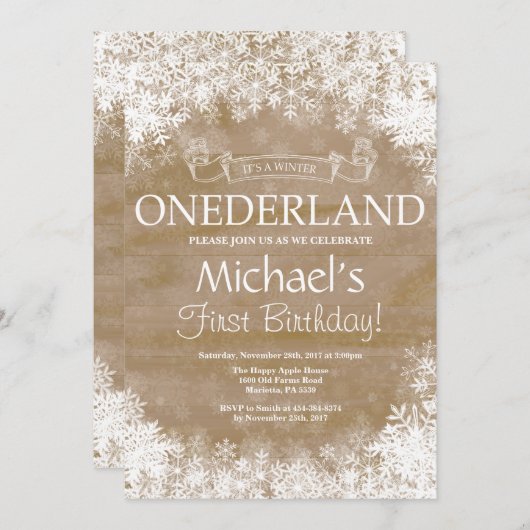 Winter Onederland 1e verjaardag uitnodiging (Voorkant / Achterkant)
