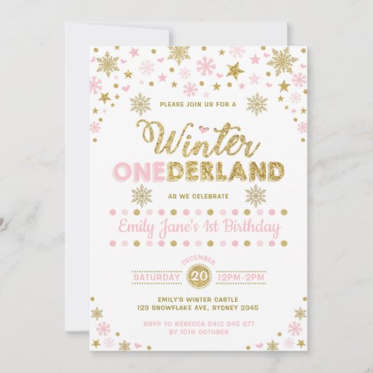 Winter ONEderland 1st verjaardag Partij Roze goud Kaart (Voorkant)