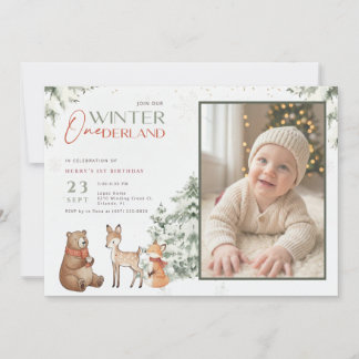 Winter Onederland Animal Kid Photo 1st Birthday Kaart