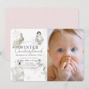 Winter Onederland Arctic Animals Girl 1e verjaarda Kaart