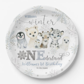 Winter Onederland Arctic Animals Snow 1st Birthday Papieren Bordje