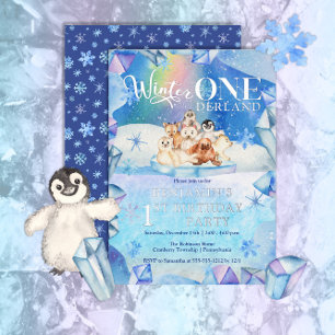 Winter ONEderland Arctisch dier 1e verjaardagsfees Folie Uitnodiging