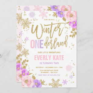 Winter ONEderland Birthday Gold Pink Snowflake Kaart