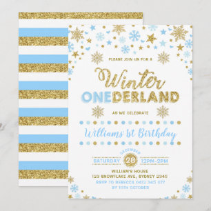 Winter ONEderland Birthday Invitation Blue Gold Kaart