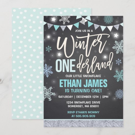 Winter ONEderland Birthday Invitation Blue & White Kaart (Voorkant / Achterkant)