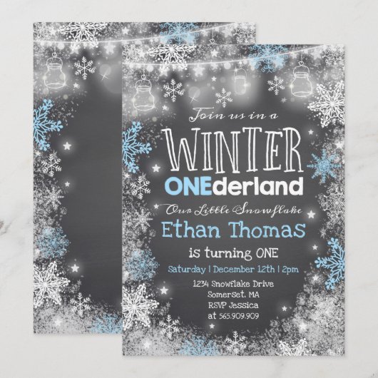 Winter ONEderland Birthday Invitation Blue White Kaart (Voorkant / Achterkant)