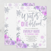 Winter ONEderland Birthday Invitation Lila Silver Kaart (Voorkant / Achterkant)