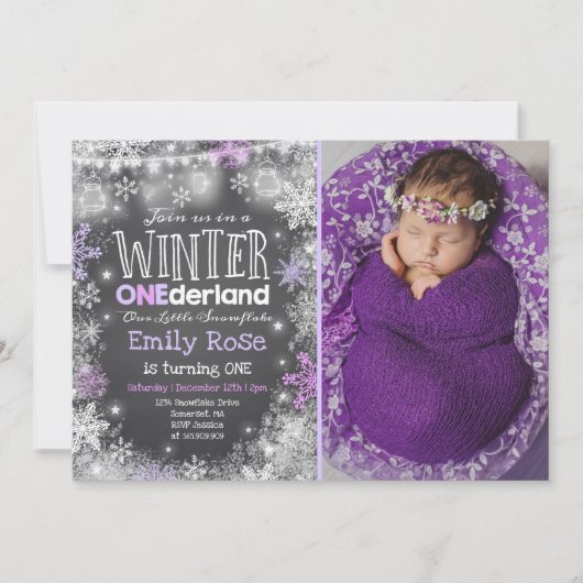 Winter ONEderland Birthday Invitation Paars White Kaart (Voorkant)