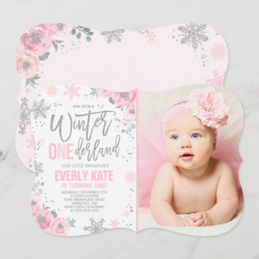 Winter ONEderland Birthday Invitation roze Silver Kaart (Voorkant / Achterkant)