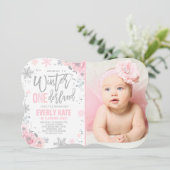 Winter ONEderland Birthday Invitation roze Silver Kaart (Staand voorkant)
