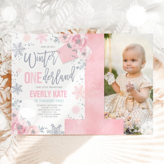 Winter ONEderland Birthday Invitation roze Silver Kaart
