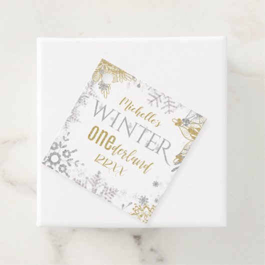 Winter Onederland Birthday Silver Gold Snowflake Bedankjes Labels (In situ)