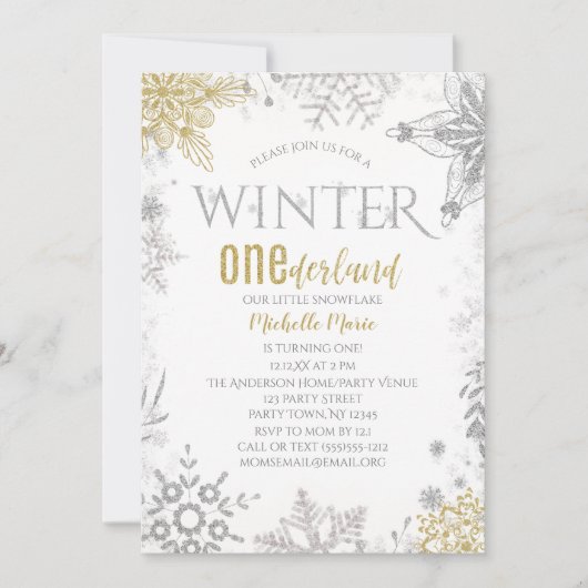 Winter Onederland Birthday Silver Gold Snowflake I Kaart (Voorkant)
