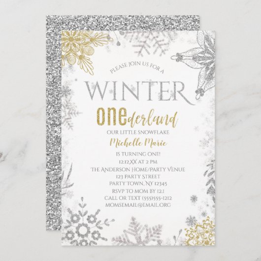 Winter Onederland Birthday Silver Gold Snowflake I Kaart (Voorkant / Achterkant)