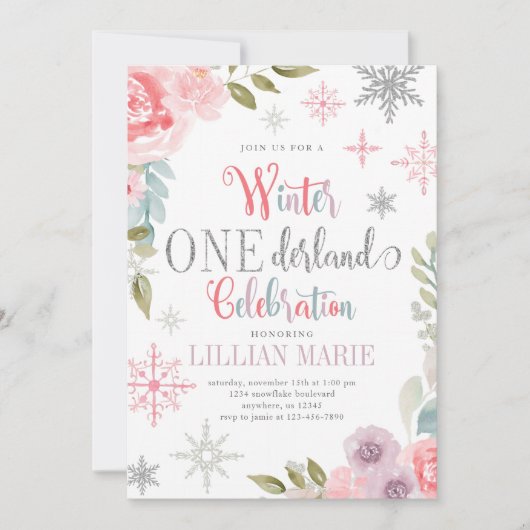 Winter ONEderland Birthday Uitnodiging met bloemen (Voorkant)