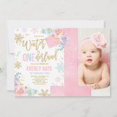 Winter ONEderland Birthday Uitnodiging roze goud (Voorkant)