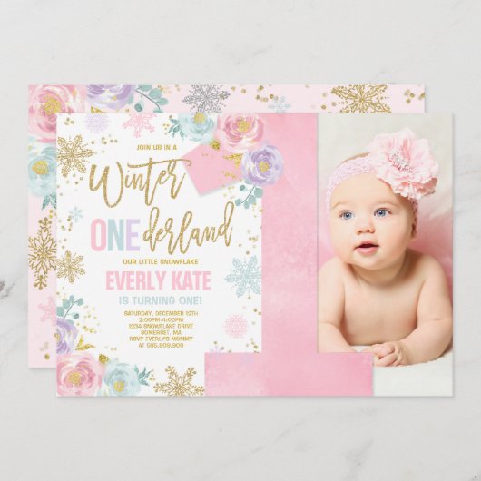 Winter ONEderland Birthday Uitnodiging roze goud (Voorkant / Achterkant)