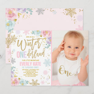 Winter ONEderland Birthday Uitnodiging roze goud
