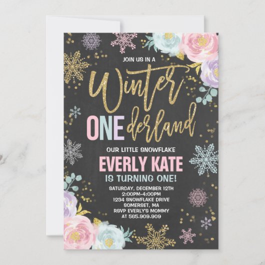 Winter ONEderland Birthday Uitnodiging roze goud (Voorkant)