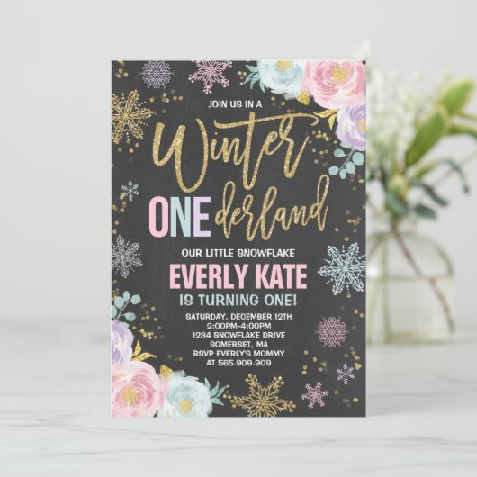Winter ONEderland Birthday Uitnodiging roze goud (Staand voorkant)