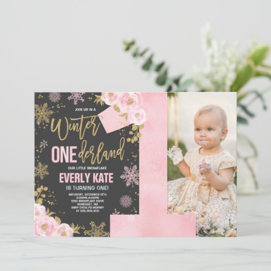 Winter ONEderland Birthday Uitnodiging roze goud (Staand voorkant)