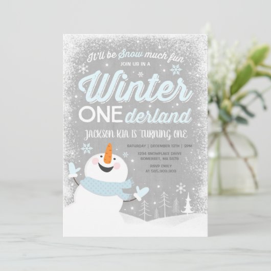 Winter ONEderland Birthday Uitnodiging Snowman Blu (Staand voorkant)