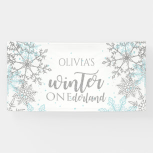 Winter Onederland Blauw en Zilver Sneeuwvlok Spandoek