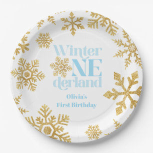 Winter Onederland Blauw Goud Sneeuwvlok 1e verjaar Papieren Bordje