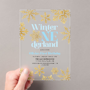 Winter Onederland Blauw Gouden Sneeuwvlok 1e Verja Acryl Uitnodigingen