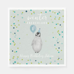 Winter Onederland Blauwe Verjaardag Ballon Penguin Servet