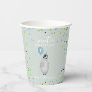Winter Onederland Blue Balloon Penguin Papieren Bekers