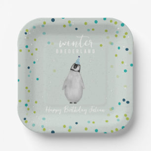 Winter Onederland Blue Birthday Penguin Confetti Papieren Bordje