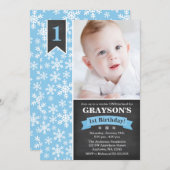 Winter Onederland Blue Boy 1e verjaardag uitnodigi Kaart (Voorkant / Achterkant)