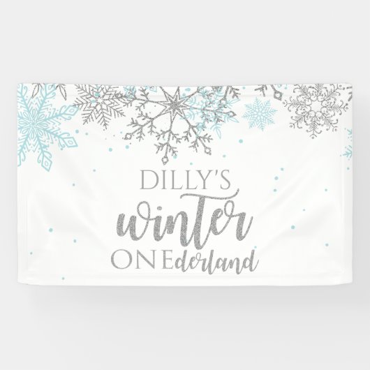 Winter Onederland Blue en Silver Snowflake Spandoek (Horizontaal)