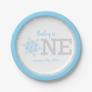 Winter ONEderland Blue Silver 1st Birthday Papieren Bordje