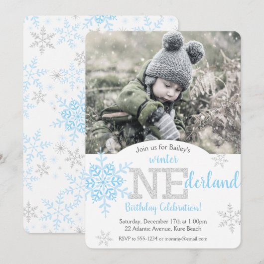 Winter ONEderland Blue Silver Glitter 1st Birthday Kaart (Voorkant / Achterkant)