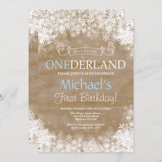 Winter Onederland Boy 1er Anniversaire Invitation (Devant / Derrière)