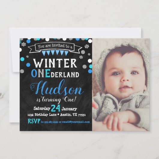 Winter Onederland Boy First Birthday Invitation (Devant)