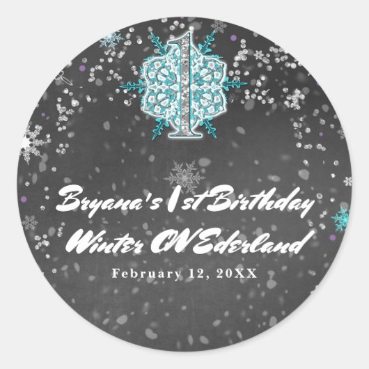 Winter ONEderland Chalk Blauwgroen & Paarse 1e Ver Ronde Sticker (Voorkant)